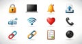 Assorted bright and glossy technology and internet icons on white background. Royalty Free Stock Photo