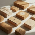 Assorted brown cardboard boxes with minimalist designs are arranged neatly on a Royalty Free Stock Photo