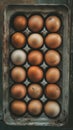 Assorted brown eggs in a dark metal tray Royalty Free Stock Photo