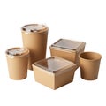 Assorted brown kraft paper containers with lids for food storage and takeaway packaging solutions Royalty Free Stock Photo