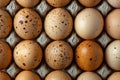 Assorted Brown and Speckled Eggs Neatly Arranged in a Carton