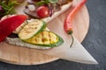 Assorted bruschetta with various toppings. Appetizing bruschetta or crudo crostini. Variety of small sandwiches. Mix bruschetta Royalty Free Stock Photo