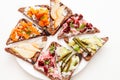 Assorted bruschetta with various toppings. Variety of small sandwiches. Mix bruschetta Royalty Free Stock Photo
