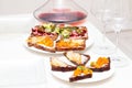 Assorted bruschetta with various toppings. Variety of small sandwiches. Mix bruschetta Royalty Free Stock Photo