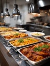 Assorted buffet trays with gourmet hot dishes in a restaurant. Royalty Free Stock Photo