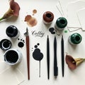 Assorted calligraphy tools arranged on a Royalty Free Stock Photo
