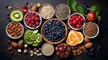 assorted candied berries, dried fruits, nuts and seeds, top view. healthy food background. Superfood Royalty Free Stock Photo