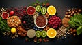 assorted candied berries, dried fruits, nuts and seeds, top view. healthy food background. Superfood Royalty Free Stock Photo