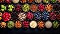 assorted candied berries, dried fruits, nuts and seeds, top view. healthy food background. Superfood Royalty Free Stock Photo