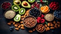 assorted candied berries, dried fruits, nuts and seeds, top view. healthy food background. Superfood Royalty Free Stock Photo