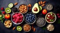 assorted candied berries, dried fruits, nuts and seeds, top view. healthy food background. Superfood Royalty Free Stock Photo