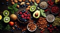 assorted candied berries, dried fruits, nuts and seeds, top view. healthy food background. Superfood Royalty Free Stock Photo