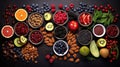 assorted candied berries, dried fruits, nuts and seeds, top view. healthy food background. Superfood Royalty Free Stock Photo