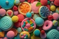 Assorted candies and gummies colorful background. Layout top view.