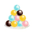 Assorted candy bar of colorful round candies in yellow, chocolate brown, teal blue and pink watercolor illustration Royalty Free Stock Photo