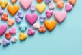 Assorted Candy Heart Shapes on Light Banner: Sweet Valentine\'s Day Treats.