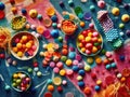 Assorted candy shapes on polkadotted table