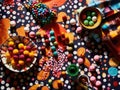 Assorted candy shapes on polkadotted table