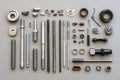 Assorted car parts and tools such as bolts, nuts, spark plugs, and wrenches are organized for easy access during