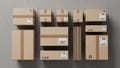 Assorted cardboard boxes of various sizes are neatly arranged on a neutral surface. Each box is Royalty Free Stock Photo