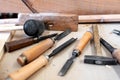 Assorted carpenters tools on a workbench Royalty Free Stock Photo