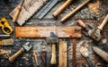 Assorted carpentry and woodworking tools scattered on a wooden workbench, capturing the essence of craftsmanship and Royalty Free Stock Photo