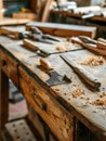 Assorted carpentry and woodworking tools scattered on a wooden workbench, capturing the essence of craftsmanship and Royalty Free Stock Photo