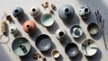 Of assorted ceramic pottery pieces is artfully arranged on a Royalty Free Stock Photo