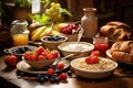 Assorted Cereal and Fruit Bowls on Table, Rich and delectable breakfast spread on a table featuring oatmeal, croissants, and Royalty Free Stock Photo