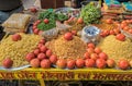 Assorted Chaat Snacks Tomato, Onion, Muddle, Chili, Pepper over a Traditional Cart