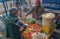 Assorted Chaat Snacks Tomato, Onion, Muddle, Chili, Pepper over a Traditional Cart