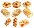 Assorted challah bread loaves and slices in style on white background, concept of traditional baking and fresh bakery Royalty Free Stock Photo