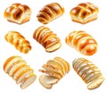 Assorted challah bread loaves and slices in style on white background, concept of traditional baking and fresh bakery Royalty Free Stock Photo