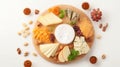 Assorted cheese board with nuts and dried fruits on white background, ideal for wine pairing Royalty Free Stock Photo