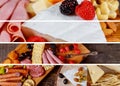 Assorted cheese with olives on jamon and sausages table Collage from different pictures Royalty Free Stock Photo