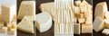 Assorted cheese products divided by white vertical lines in bright light white style collage