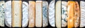 Assorted cheese products divided by white vertical lines in bright white style collage