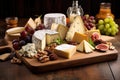 assorted cheese selection on rustic wooden board