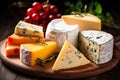 Assorted Cheese Selection on Wooden Background. Ideal for Culinary Concepts