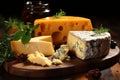 Assorted cheese types displayed appetizingly on wooden table for gourmet food photography