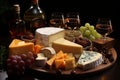 Assorted cheese types displayed appetizingly on wooden table, variety of cheeses in different shapes