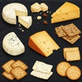 Assorted cheeses and crackers are displayed on a black slate background. Varieties Royalty Free Stock Photo