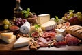 Assorted cheeses, cured meats, figs, and grapes on a wooden board. Royalty Free Stock Photo