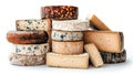 Assorted cheeses display of different types isolated on white background for culinary presentation Royalty Free Stock Photo