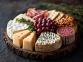 Assorted cheeses and grapes on wooden board. Cheese plate Royalty Free Stock Photo
