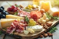 Assorted cheeses, meats, fresh fruits, nuts and appetizers beautifully arranged on a wooden board. Generative AI Royalty Free Stock Photo