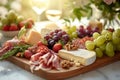 Assorted cheeses, meats, fresh fruits, nuts and appetizers beautifully arranged on a wooden board. Generative AI Royalty Free Stock Photo