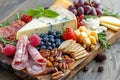 Assorted cheeses, meats, fresh fruits, nuts and appetizers beautifully arranged on a wooden board. Generative AI Royalty Free Stock Photo