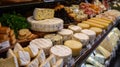 Assorted cheeses such as Parmesan, Camembert, Cheddar, Roquefort, Dorblu on a store counter Royalty Free Stock Photo