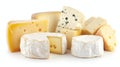 Assorted cheeses such as Parmesan, Camembert, Cheddar, Roquefort, Dorblu on a white uniform background. Royalty Free Stock Photo